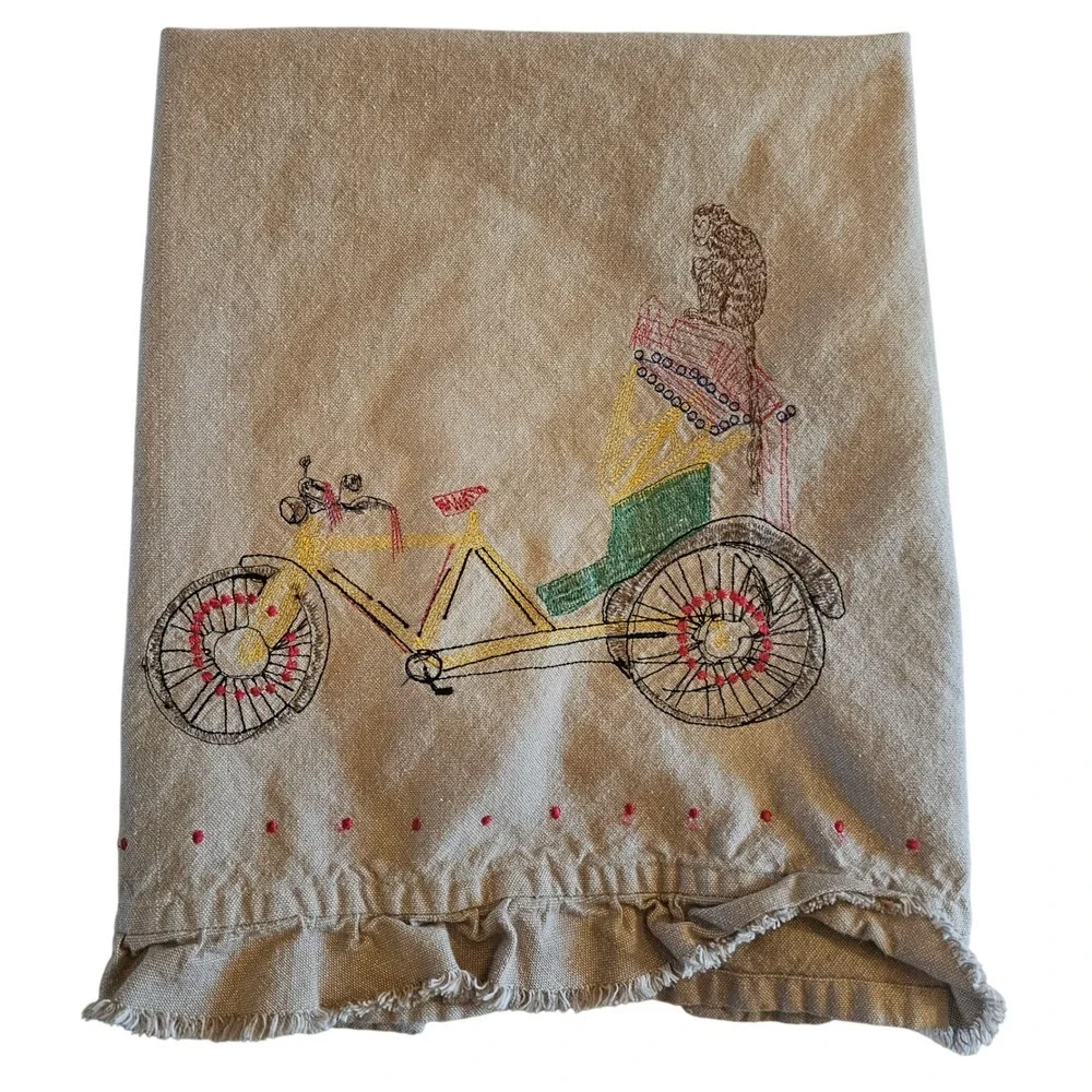 Embroidered‎ Monkey Bicycle Whimsical Kitchen Beige Dish Towel Cotton Ruffle
